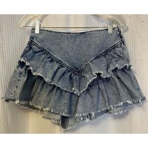 Denim Raw Hem Ruffled Mini Skirt Stone Washed XS Side Zip Boho Hippie Y2K